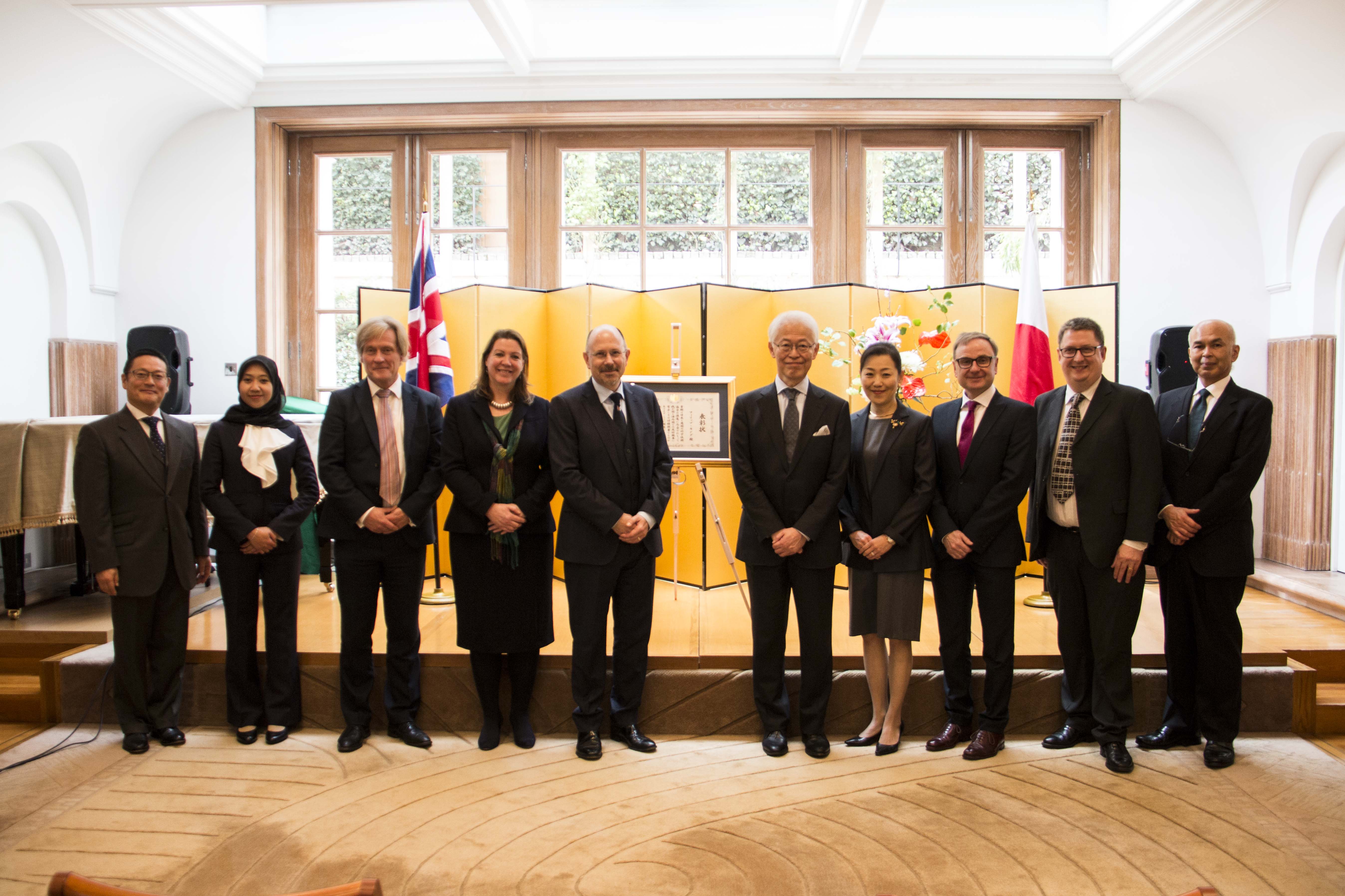 Group photo showing attendees of the commendation event at the Japanese Embassy in the UK.