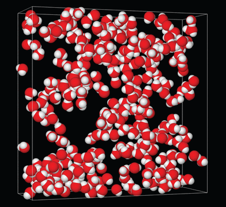 Simulation showing the water molecules confined to clusters