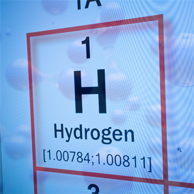 Zoomed in on hydrogen on the periodic table. Ball and stick representation of hydrogen gas overlayed with low transparency.