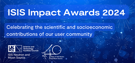 A dark blue sparly background overlayed with the text: ISIS Impact Awards 2024 - Celebrating the scientific and socioeconomic co