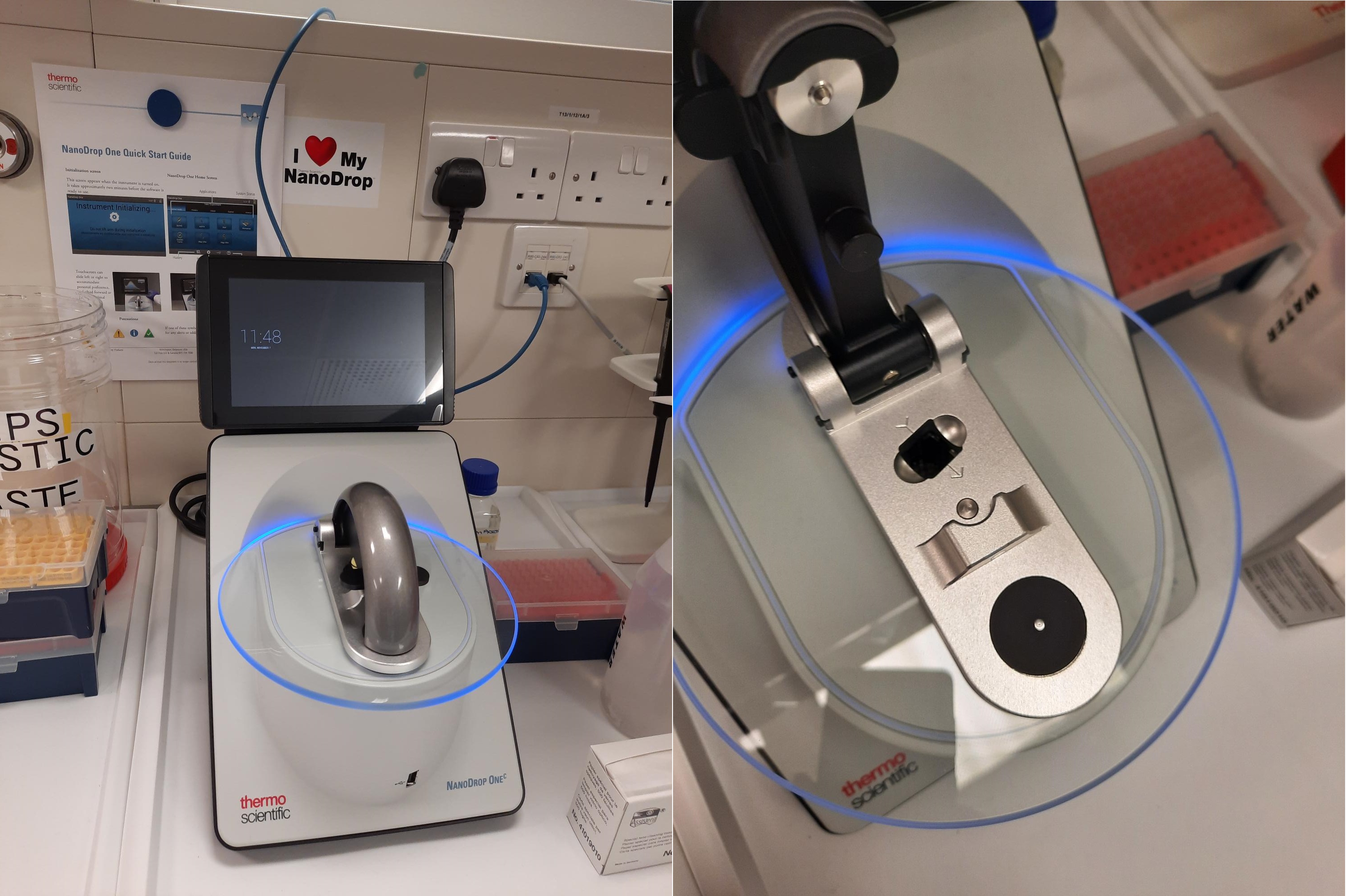 NanoDrop equipment (left), close up on 2 μL holder (right).