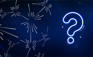 White neon question mark on a dark blue background. The white ISIS pattern, which looks like fireworks, is overlayed.