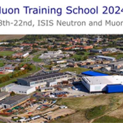 Aerial photo of Rutherford Appleton Laboratories. Text at the top of the banner reads "ISIS muon Training School 2024. March 18t