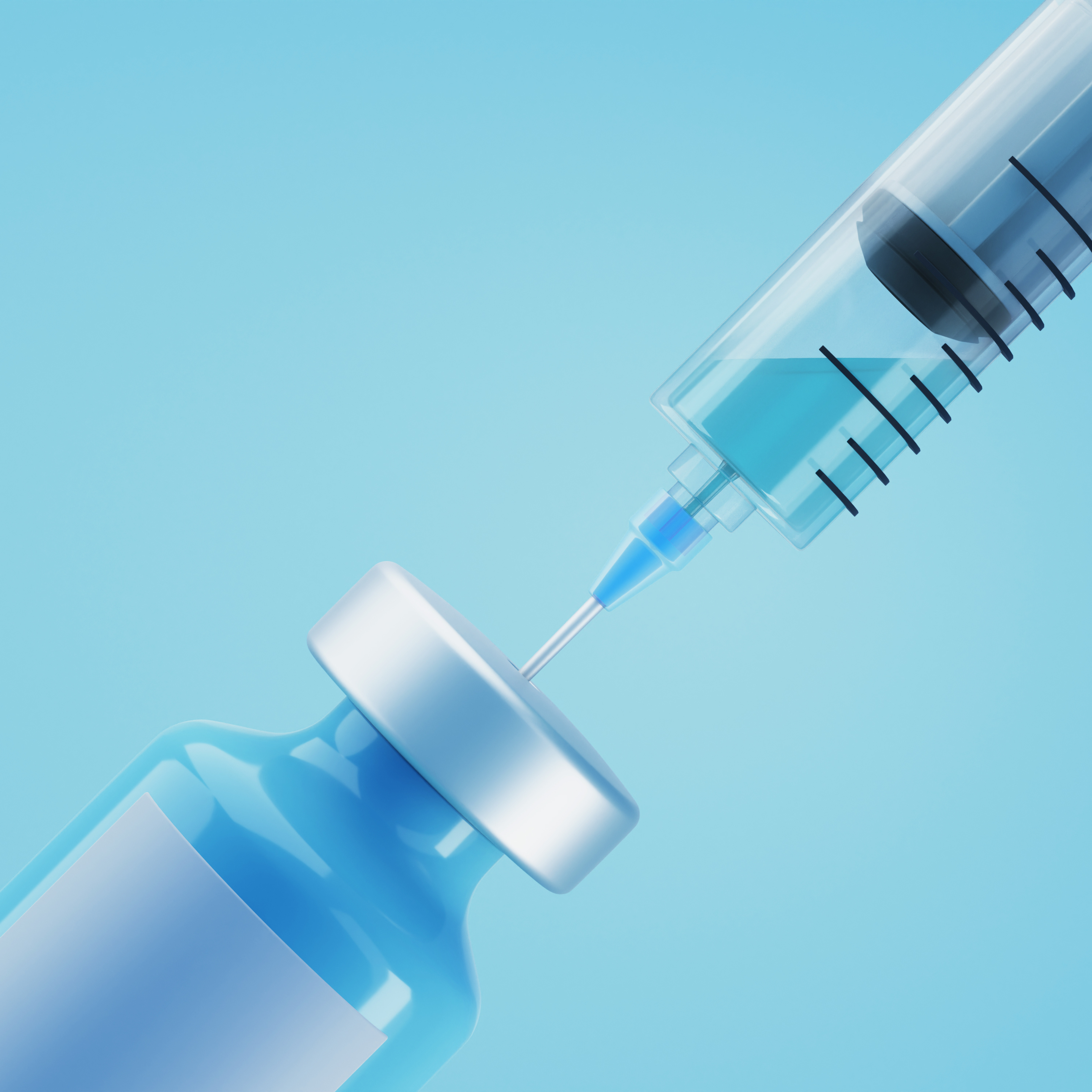 3d rendering of a medical syringe with the needle in the septum of a glass vial