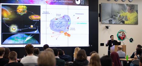 Zac Amato presenting his work to an audience