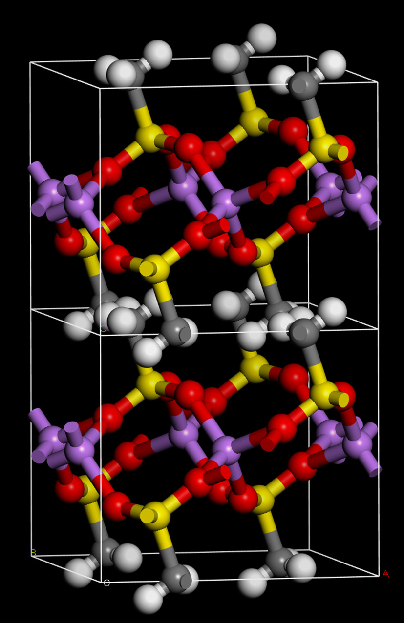 Two unit cells of the C2/m structure of Li(CH3SO3). The c-axis is vertical. (Grey = carbon, white = hydrogen, red = oxygen, yell