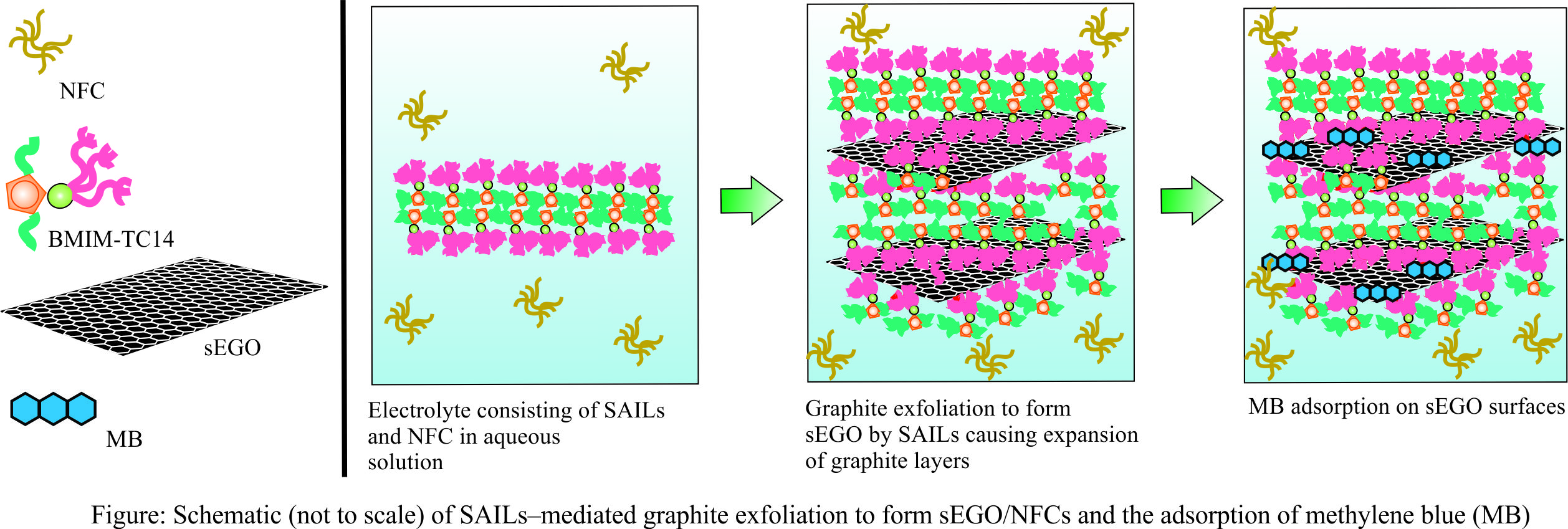 ​Schematic (not to scale) of SAILs-mediated graphite exfoliation to form sEGO/NFCs and the adsorption of methyl blue