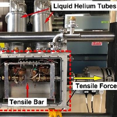 (a) Cryogenic tensile rig; (b) Stress-strain curves of a FeCrNiCo HEA; (c) Diffraction patterns during tensile loading at 15 K (