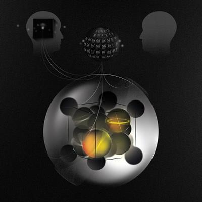 Atomic structure in sphere with illustration of minds and a computer above it