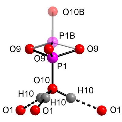 ​​View of the (T(1)O3OH) group split along c axis; details of O10-H10…O1 hydrogen bond and coordination of O1 are also added.