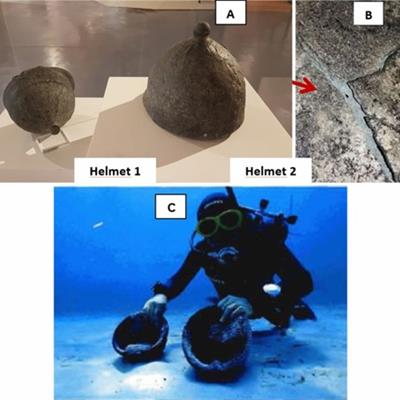 Photographs of the helmets in the museum exposition and detail of helmet 2 (A), detail of the surface of helmet 2 (B) and discov