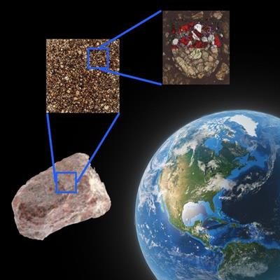 Graphic showing the meteorite sample as well as  its cross section and SEM image  overlaid on an image of the Earth from space