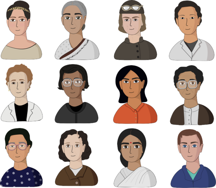 Illustration collage of 12 women in STEM