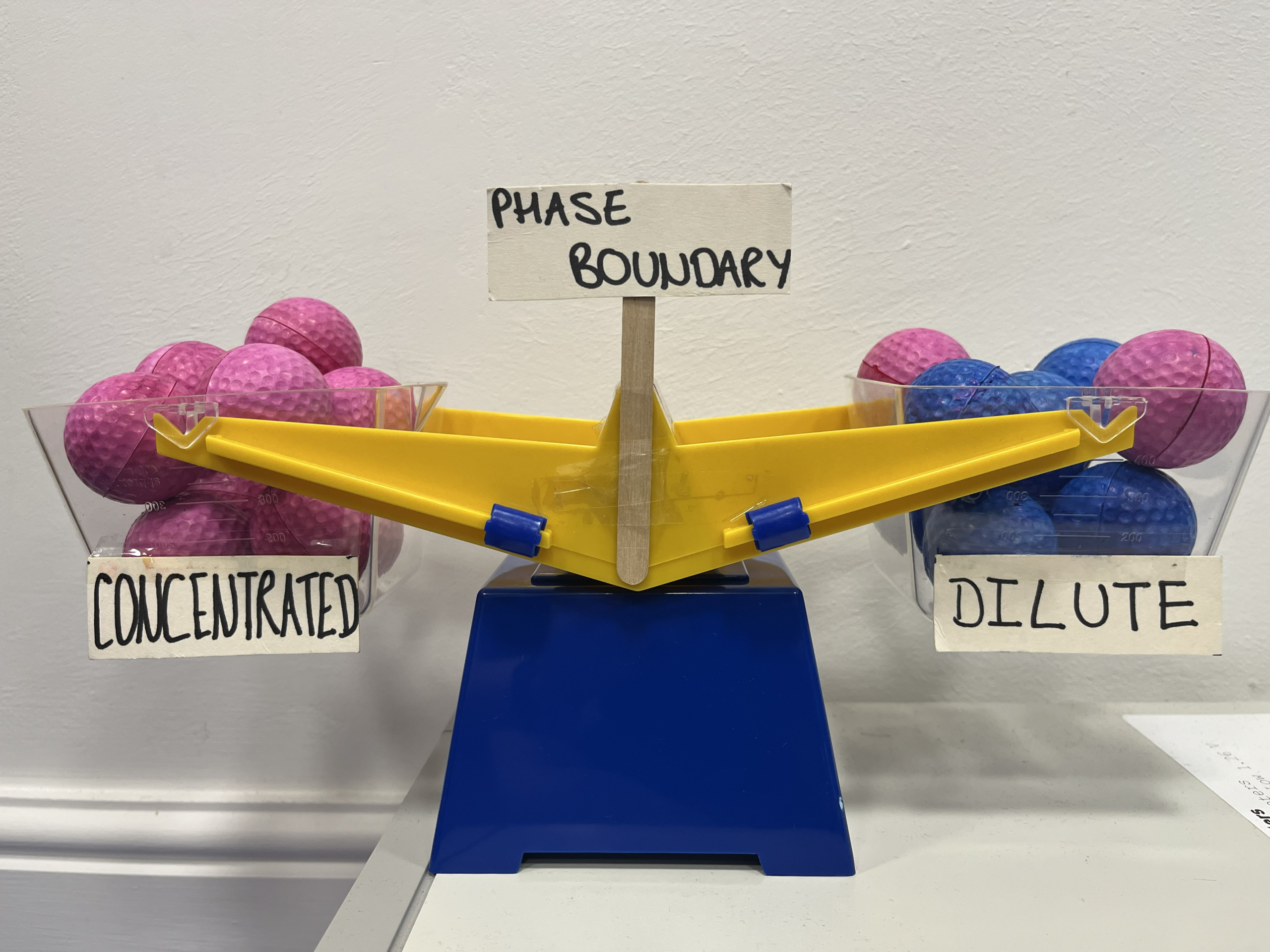 A weighing scale with pink golf balls in the left 'concentrated' basket and a mixture of blue and pink balls in the 'dilute' right baskey. A sign saying phase boundary sits in the centre of the scale.