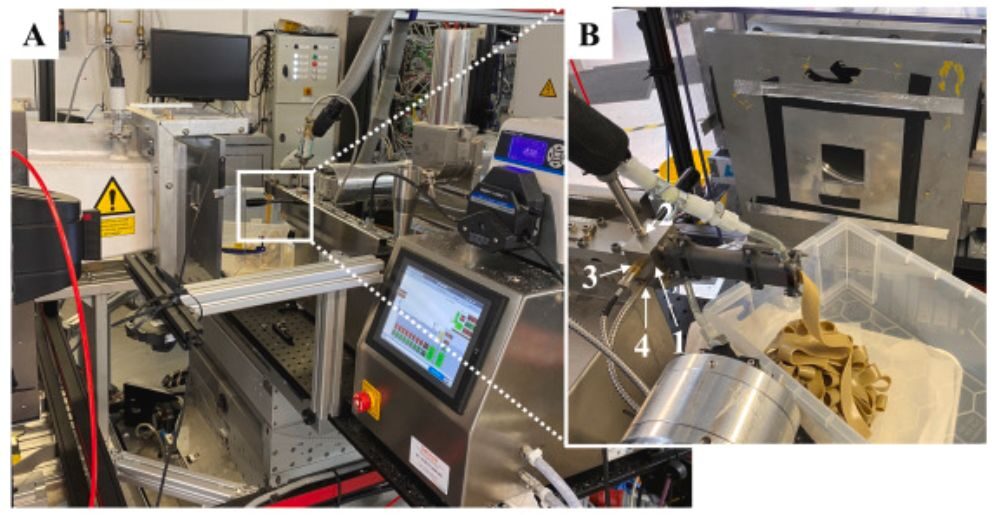 A two part image. One showing a large piece of equipment on the beamline and another, zoomed in, showing plant proteins being extruded